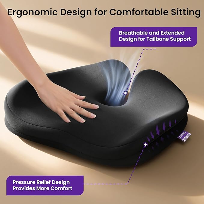 ZZ-WELL Seat Cushions for Office Chairs, Car Seat - Patented Coccyx Cushion for Tailbone Pain - Memory Foam Butt Cushion for Pressure Relief - Carry Handle & Non Slip Bottom (Black)