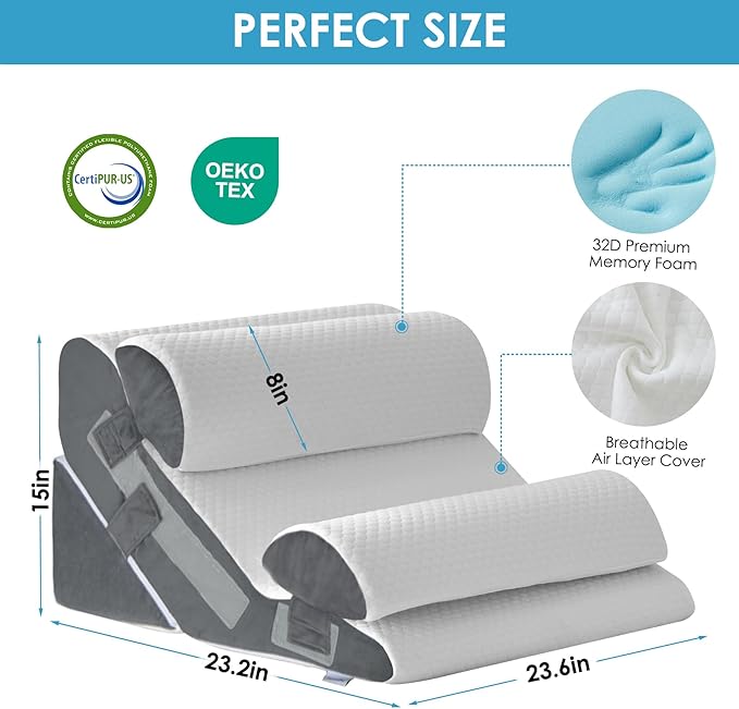 MEGCXIT 4PCS Bed Wedge Pillow for Headboard, Adjustable Wedge Pillow for Sleep Apnea, 23” Wide Triangle Pillow Wedge Set for After Surgery, Acid Reflux Relief, Snoring, Neck&Back Support, White/Grey