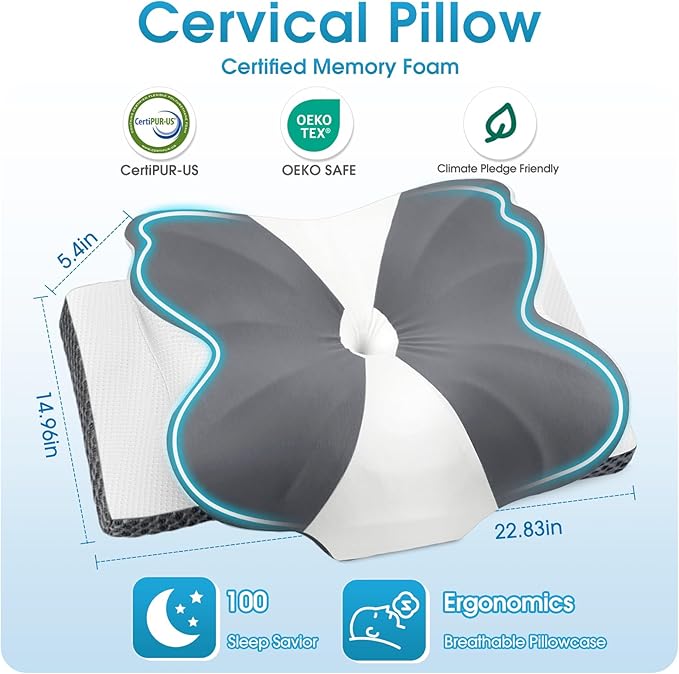 CloudBliss Cervical Memory Foam Pillow for Neck and Shoulder, Contour Neck Support Pillow with Cooling Case, Ergonomic Bed Pillow, Support for Side Back Stomach Sleepers (Grey, Standard Size)