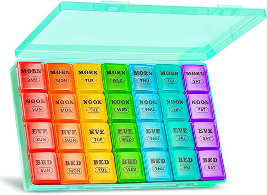 XL Large Weekly Pill Organizer 4 Times a Day, 7-Day Pill Boxes and Organizer AM PM, Big Compartments Pill Case, Monthly Medication Organizer 28 Days Dispenser for Fish Oils