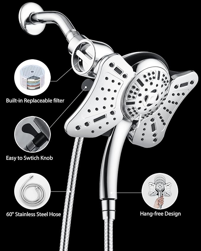 GRICH 2.5GPM Shower Head with Handheld Spray Combo: 2 in 1 Rainfall Shower Heads high pressure & Handheld Shower Head, 9 Spray Modes/Settings Detachable Shower Head with 60 Inch Hose, Chrome Filtered