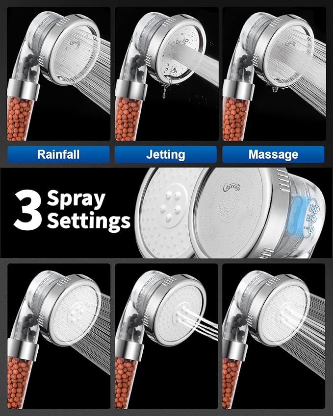 Luxsego Filtered Shower Head for Hard Water, High Pressure 3 Modes Shower Heads with Handheld Spray, Water Softener Showerhead Set with Mineral Beads to Remove Chlorine & Fluoride for Dry Hair & Skin
