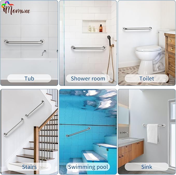 Satin Brushed Nickel Grab Bar 24 Inch x 1-1/2" Diameter, iMomwee 2 Pack Stainless Steel Bathroom Handrail, Safety Rail Shower Mobility Aid, Balanced Support Assist Handle for Elderly Seniors Disabled