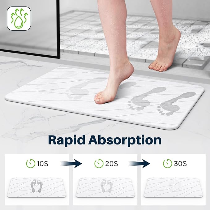Diatomaceous Earth Stone Bath Mat, Quick Dry Non-Slip Super Absorbent Diatomite Stone Mats for Bathroom (White 1 Pack)