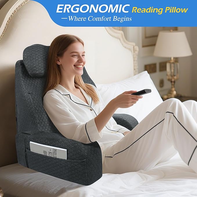 Lofty Aim Reading Pillow for Bed: Comfy Memory Foam Rest Back Pillow for Sitting in Bed Adult, Backrest Chair Pillow with Arms for Sitting Up, Watching TV, Reading, Gaming - Grey