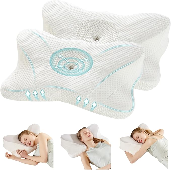 DUMOS Cervical Neck Pillow, Cooling Ergonomic Memory Foam Pillows for Neck Pain Relief with Breathable Pillowcase, Dual Height Orthopedic Support Contour Pillow for Side, Back, Stomach Sleepers, White