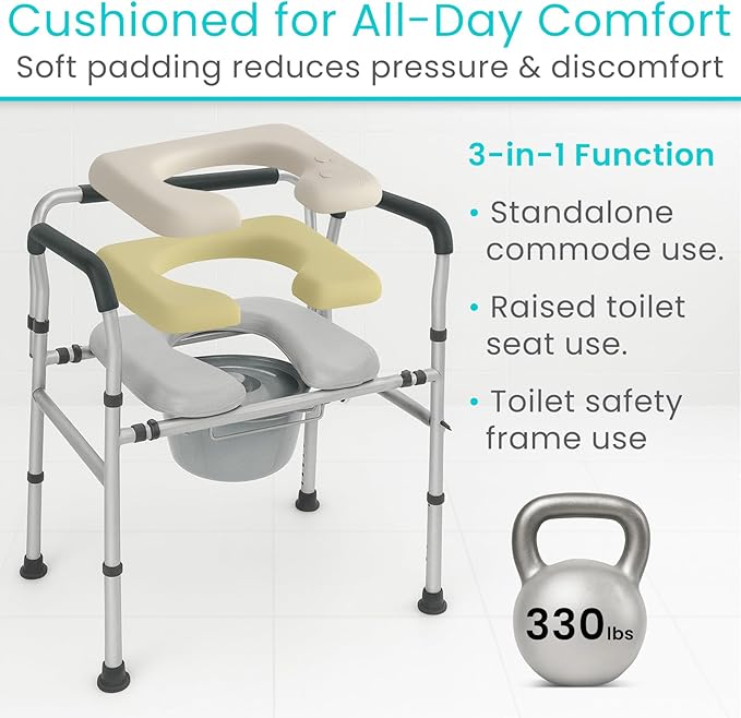 Vive Toilet Seat Riser for Seniors with Handles - Height Adjustable Raised Toilet, Safety Frame for Adults, Commode Chair, Padded Seat, Supportive Armrests (Gray)