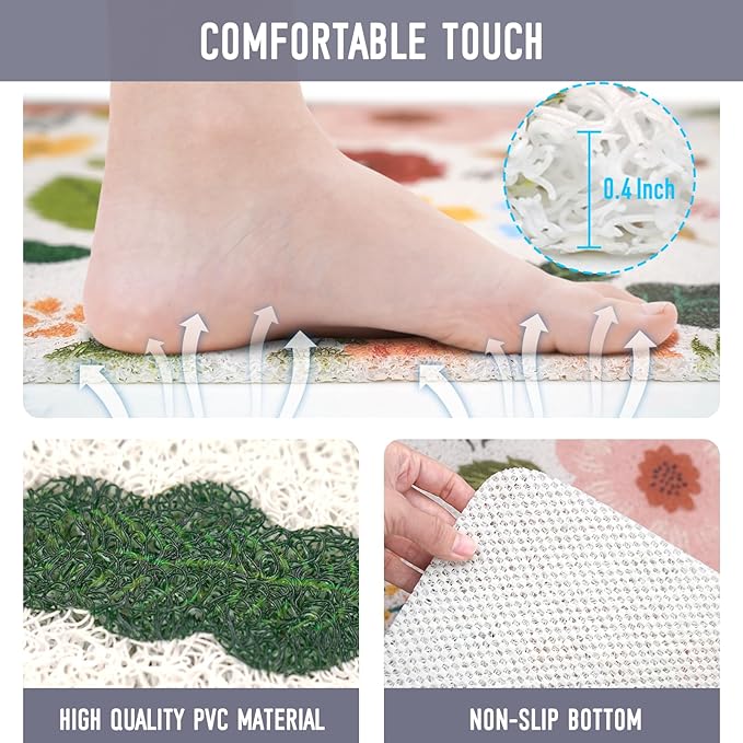 Square Shower Mat, 24 x 24 Inch Non Slip Flower Shower Stall Mat, Quick-Dry PVC Loofah Bath Mat for Shower Tub Bathroom