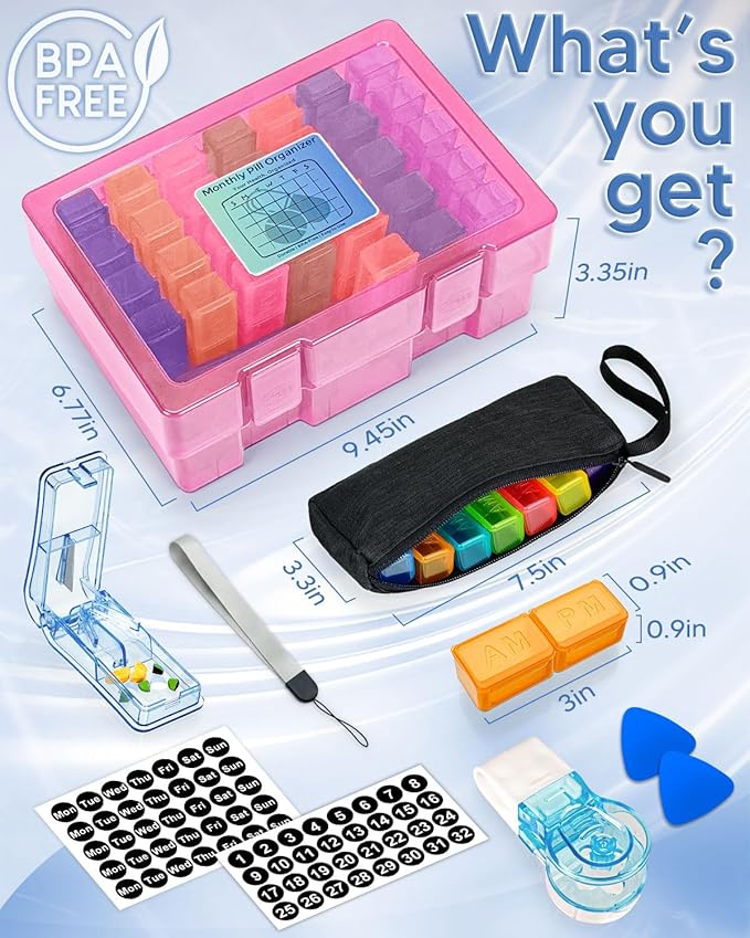 Monthly Pill Organizer 2 Times a Day – Yonlog Large Medicine Box with Weekly Travel Bag, Pill Cutter, Easy-Open Pick, Pill Taker Tool, and 2 Medication Stickers (Pink, 2 Times a Day)