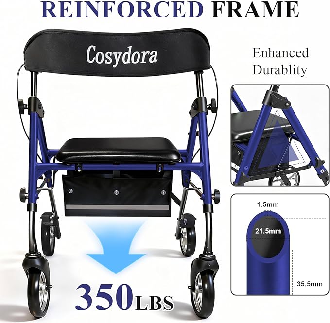 Cosydora Rollator Walkers for Seniors with Seat, 13.6 Lbs Ultra Lightweight Foldable Rolling Walker, 350Lbs Heavy Duty Aluminum, 8" All Terrain Wheels, Dual Adjustable Height, Navy Blue