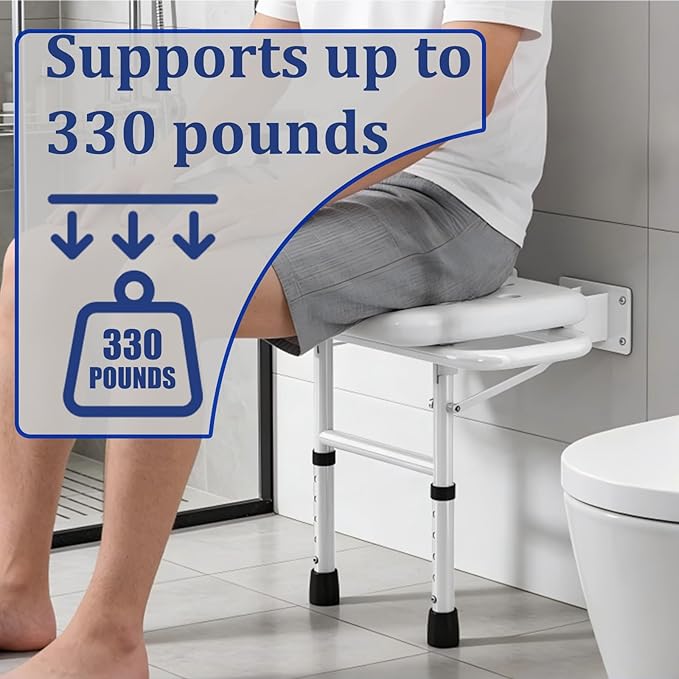 Foldable Wall Mounted Shower Seat, Height Adjustable Bathroom Stool with Armrests, 330lbs Capacity, Rustproof Bath Chair for Seniors, Elderly, Disabled & Pregnant Women