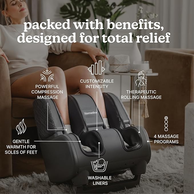 Homedics Deluxe Foot Massager & Calf Massager, Rolling & Compression Massage, Adjustable Tilt, Washable Liners, 4 Programs, 3 Intensity for Muscle Relief and Post-Workout Recovery