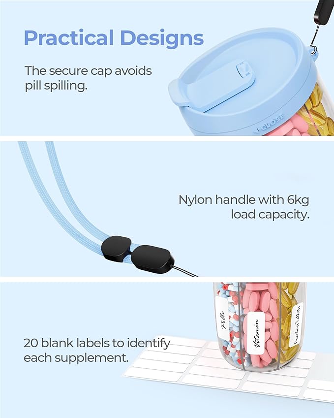 AMOOS Large Pill Dispenser with 6 Compartments, Anti-Mix Pill Bottle Organizer with Wide Opening & Easy Retrieval, Vitamin Organizer for Travel, BPA-Free Pill Box with a Strap, Blue