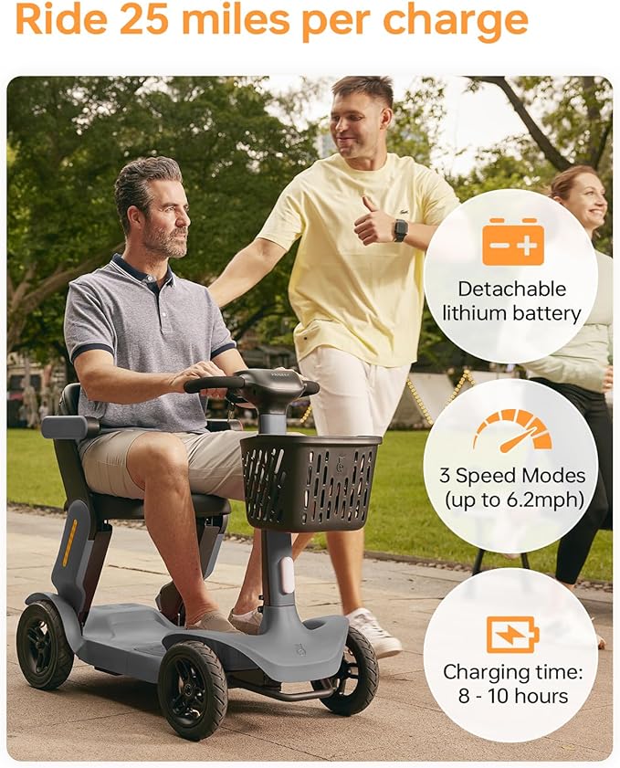 Paiseec S3 Mobility Scooter for Seniors, 25 Miles Long Lasting Mobility Scooter Foldable, Lightweight Travel Scooter for Seniors, 300 lbs Capacity, AI Speed Control, 250W Motor (Grey-25miles)