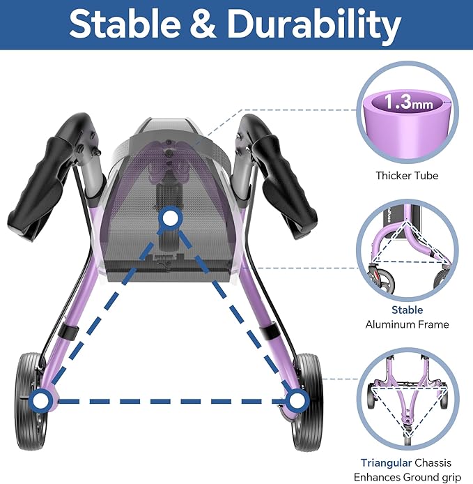 SOUNDFUSE 3 Wheel Walkers for Seniors, Lightweight Foldable Aluminum Rollator Walker, Height Adjustable Three Wheel Walker, Purple