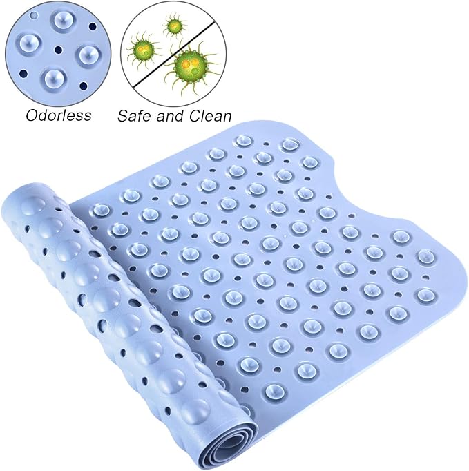 YINENN Bath and Shower Safety Mats 40x16 inch, Non Slip with Suction Cups for Bathroom Stall and Tub Floor, Extra Large and Machine Washable, Drain Holes Keep Bathtub Clean, Light Blue