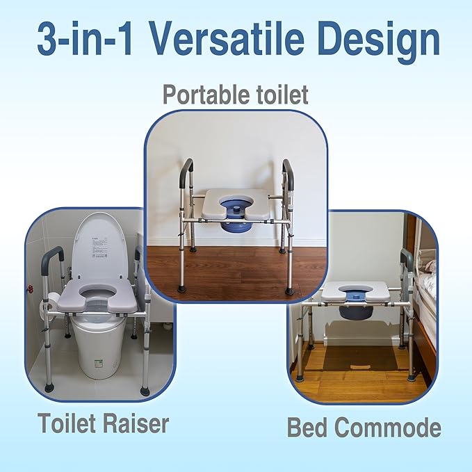 3-in-1 Bedside Commode, Porta Potty Chair for Adults with Sturdy Dual-Crossbar Support Construction, Stable Raised Toilet Seat 400 Lbs Bedside Commodes for Seniors