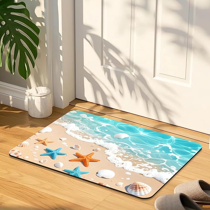 Quick Dry Bath Mat for Bathroom,Super Absorbent Beach Seashell Bath Rug Non-Slip Rubber Backing,Machine Washable Bathroom Floor Mat for Shower, Tub, Sink Area Ocean Blue 30x20