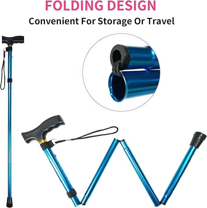 Folding Cane, 5-Level Adjustable Height Lightweight Portable Foldable Walking Canes with Wrist Strap and T Handle for Men Women Seniors