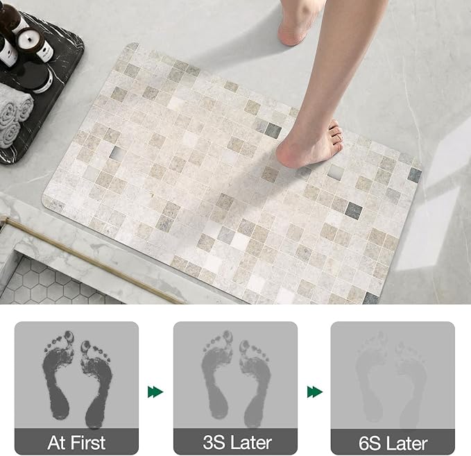 LUMI Ultra Thin Bath Mat, Super Absorbent Quick Dry Bathroom Rugs, Non-Slip Bathroom Mats, Marble Bathmats Fit Under Door, Bathtub, Sink, Shower Room, 17"x30", Beige Checkered