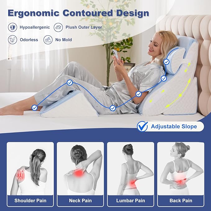 WSOFRLAC 4PCS Bed Wedge Pillow for Sleeping and Sitting Up, Orthopedic Memory Foam Pillow Set for Back Pain, Post Surgery Recovery, Acid Reflux, GERD Relief, Triangle Shape, Blue White