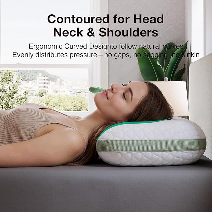 Novilla Tencel Side Sleeper Pillow for Neck and Shoulder Pain, Curved Crescent Design with Adjustable Shredded Memory Foam, Silk-Like Soft Cover for Face & Hair Care, Queen