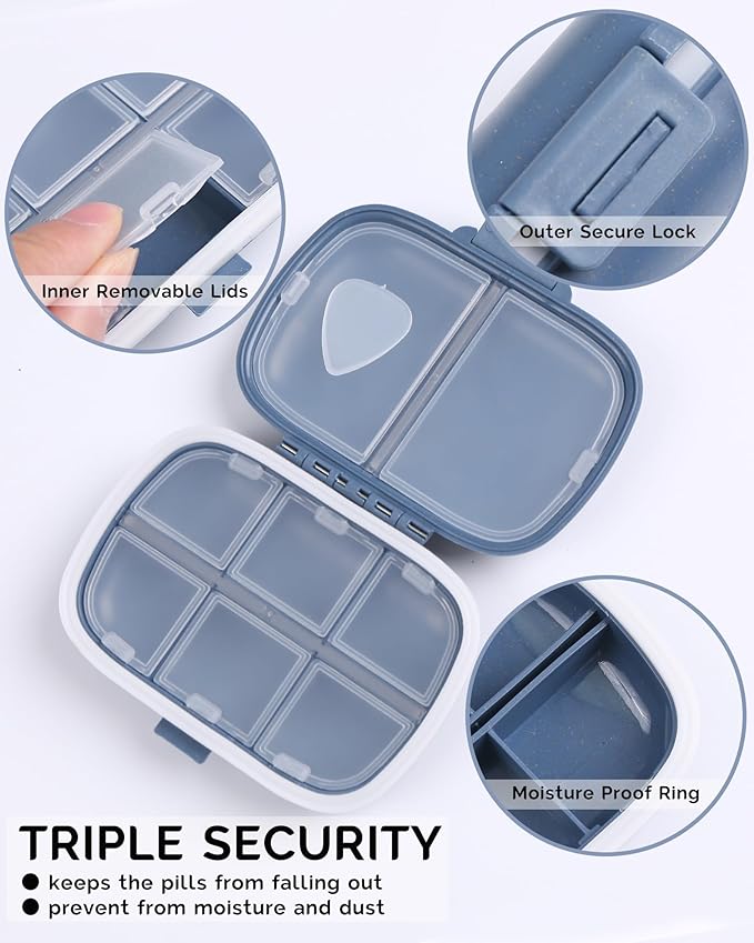 MEACOLIA 2 Pack 8 Compartments Travel Pill Organizer Box Moisture Proof Small Pill Case for Pocket Purse Daily Pill Holder Container for Medicine Vitamin (Dark Blue & Red)
