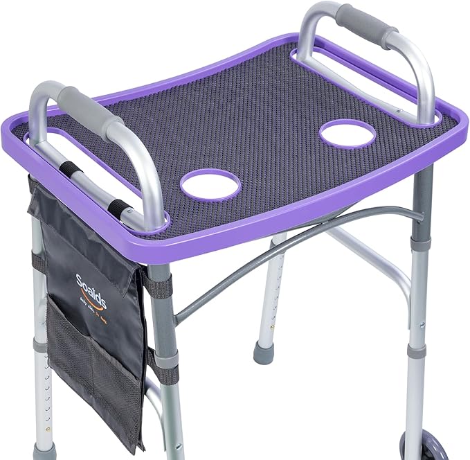 Walker Tray for Seniors with Dual Cup Holders, Side Pouch and Non-Slip Pad, Lightweight Durable Food & Drink Table, Compatible with Walker of 10210-1 Model (Purple)