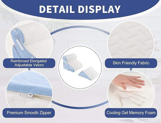 WSOFRLAC 4PCS Wedge Pillow Set for Sleeping – Orthopedic Bed Pillow for Post Surgery, Adjustable Memory Foam Support for Sitting Up in Bed, Back Pain, GERD, Snoring Relief, White Blue