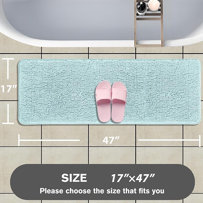 Bathroom Runner Rug 47 x 17 Inch – Long Bath Mat | Absorbent and Washable Thick Chenille Bath Rug Non-Slip Runner Rug for Bathroom, Shower, Sink(Aqua)