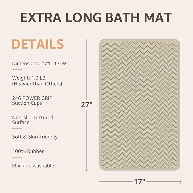 OTHWAY Bathtub Mat Non Slip, 27" x 17" Bath Mat for Tub, Machine Washable Shower Anti Slip Mat with 246 Strong Suction Cups (Brown)