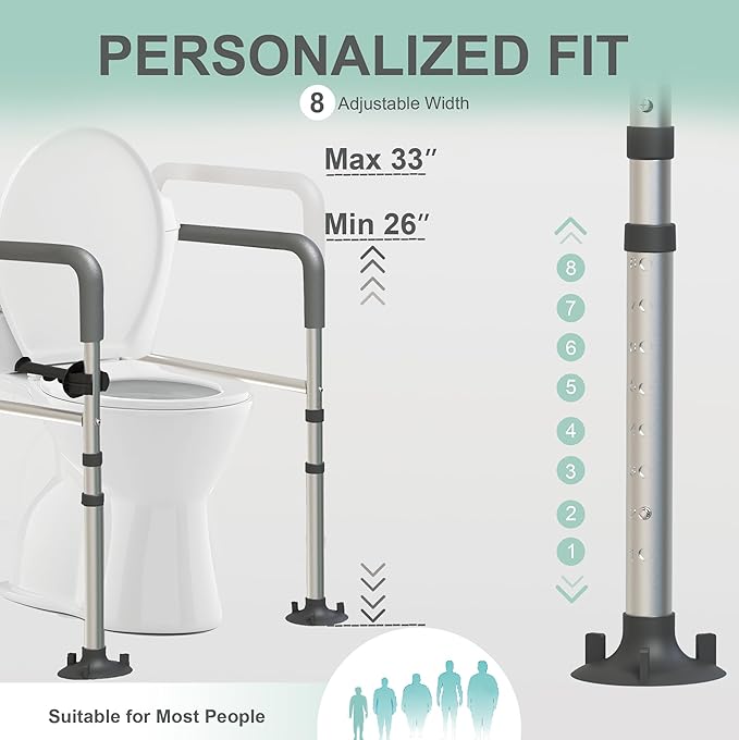 Adjustable Toilet Safety Frame with Handles - Foldable Bathroom Grab Bar for Elderly & Disabled, 350 lbs Capacity, Fits Any Toilet (Includes Tissue Holder & Storage Bag)