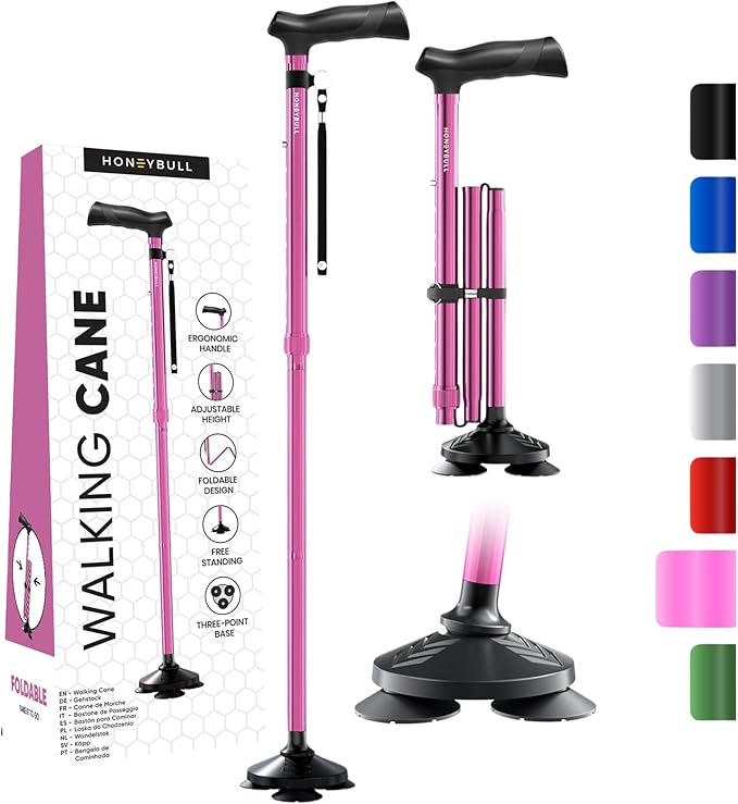 HONEYBULL Walking Cane for Men & Women Foldable, Adjustable, Heavy Duty, Free Standing, All Terrain, Collapsible Walking Sticks for Seniors & Adults