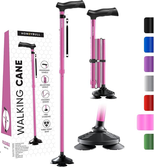 HONEYBULL Walking Cane for Men & Women Foldable, Adjustable, Heavy Duty, Free Standing, All Terrain, Collapsible Walking Sticks for Seniors & Adults