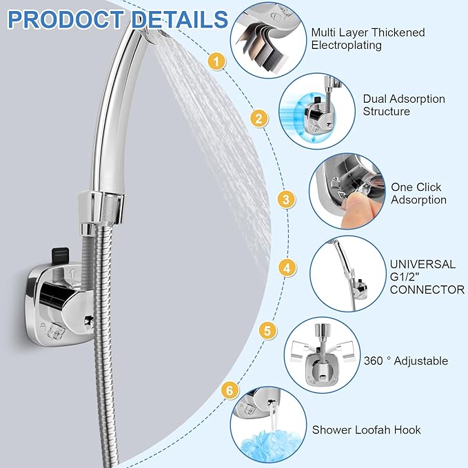 Shower Head Holder,360° Adjustable Shower Holder for Wall RV,Removable Suction Cup Handheld Shower Head Holder,Waterproof Shower Handle Holder,No Drill,Bathroom Accessories,Polished Chrome