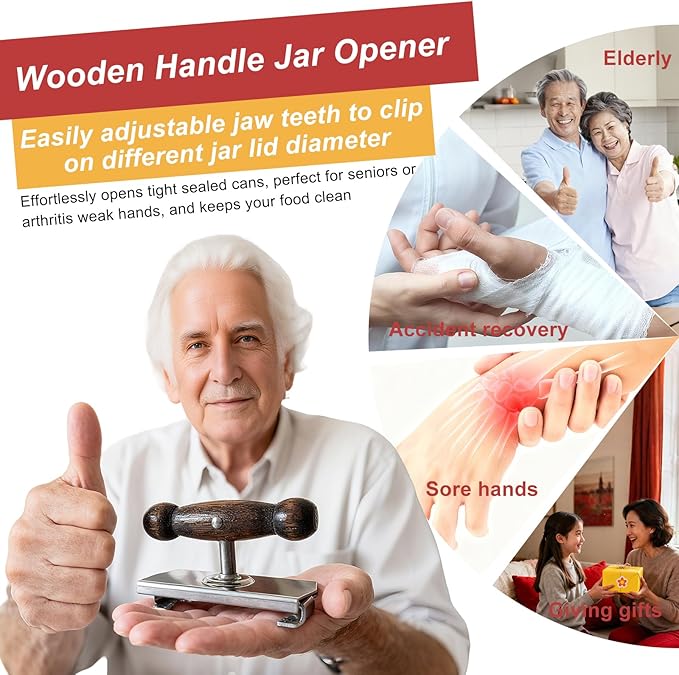 Heavy-Duty Cap Crack Jar Opener for Senior & Weak Hand - Strong Grip Oak Wood Handle & 304 Stainless Steel, Adjustable Manual Leverage Lid Remover for 1.5"-4" Jars [Clamp on Lid to Open]
