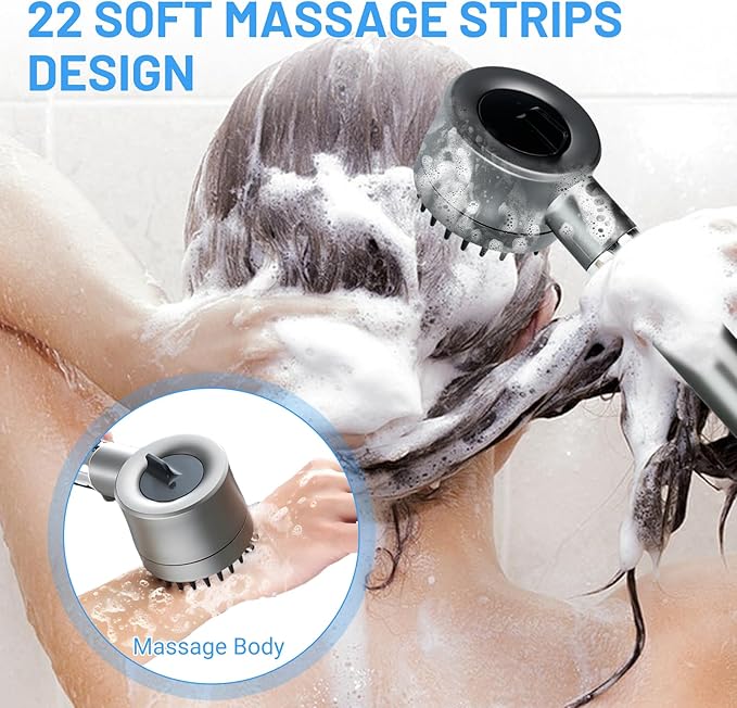 Filtered Shower Head with Handheld, High Pressure Water Flow and 4 Spray Modes, Power Wash for Hard Water, Showerhead Set with 59″ Hose、Bracket、Filters, ON/OFF Switch for Pets Bath (Grey)