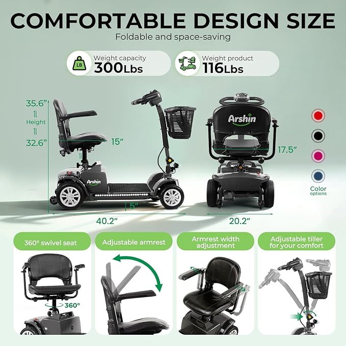 Arshin Mobility Scooter, Electric Foldable Mobility Scooter 300lbs Capacity with Detachable Battery, 15-Miles Powered Mobility Scooters for Seniors & Adults, Charger Included (A061-BLACK)