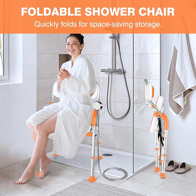 DEWEL Foldable Shower Chair for Elderly and Disabled, Folding Shower Seat with Armrests and Back Height Adjustable, Aluminum Alloy Bath Seat for Inside Shower, 330lbs Capacity (Orange-N)