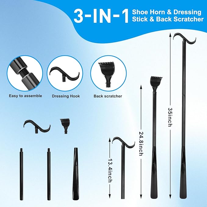 Sock Aids for Putting On Socks - Sock Aid Device Shoe Horn Kit for Seniors, Sock Helper Assistant Device Easy On and Off No Bending, Adjustable 3 in 1 Shoe Horn+Button Hook and Zipper Pull Helper