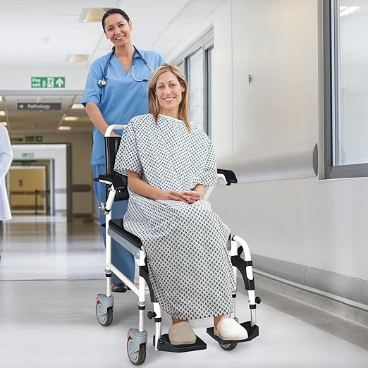 GYMAX 4-in-1 Bedside Commode, Shower Chair with Lockable Wheels, Height Adjustable Rolling Toilet Chair with Detachable Bucket, Portable Handicap Transport Wheelchair for Adult, Disabled, Elderly