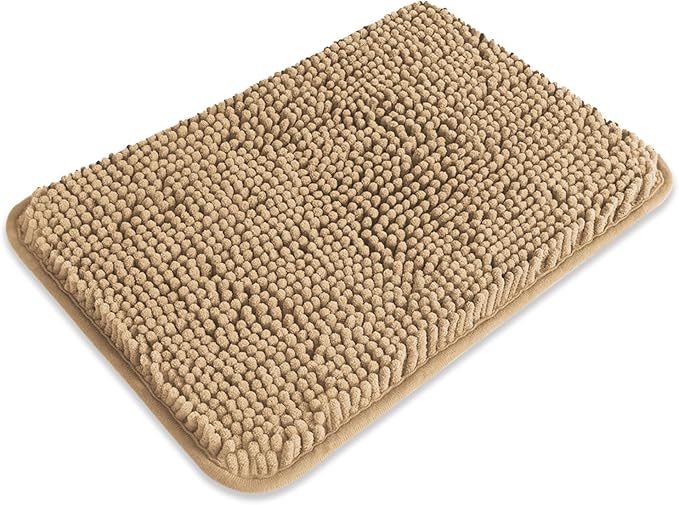 Small Bathroom Rug 12"x18" – Washable and Absorbent Bath Mat, Non Slip, Thick Soft Chenille Bath Rugs for Bathroom, Shower, Sink, Dog mat(Beige)