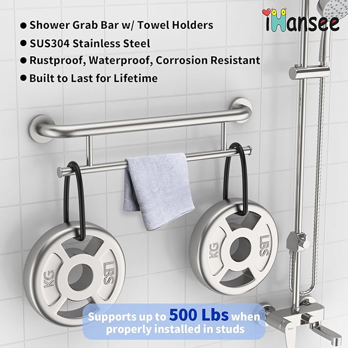 Brushed Nickel Grab Bar 24 Inch w/Towel Holder, iHansee Stainless Steel Towel Rack Shower Support Balanced Support Handle, Wall Mount Safety Handrail Grab Rail for Elderly Senior Handicap Disabled