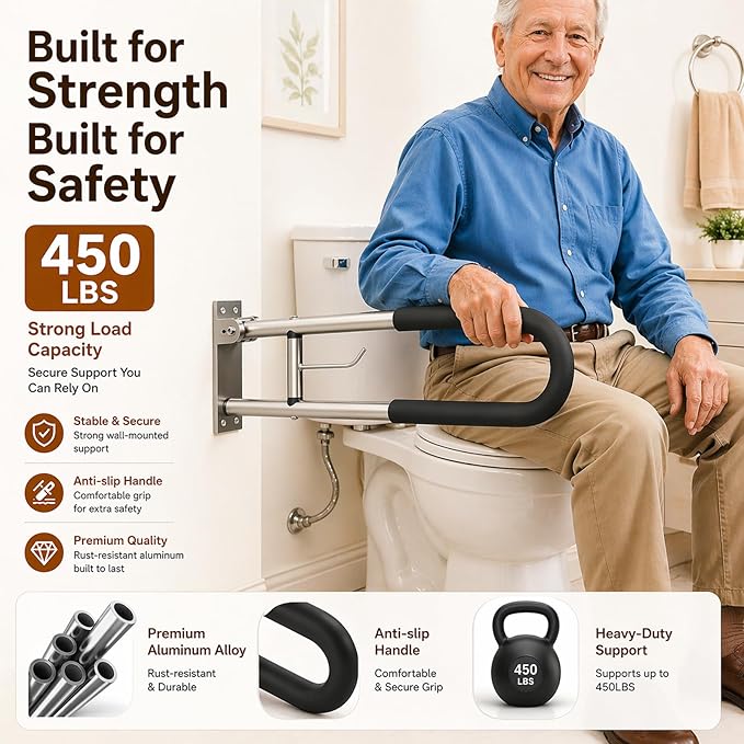 Foldable Toilet Grab Bar, 23.6 Inch Wall Mounted Flip-Up Safety Rail, 2mm Thick Heavy-Duty Rust-Resistant Aluminum Bathroom Support Bar for Elderly, Disabled, Handicap Grab Bars