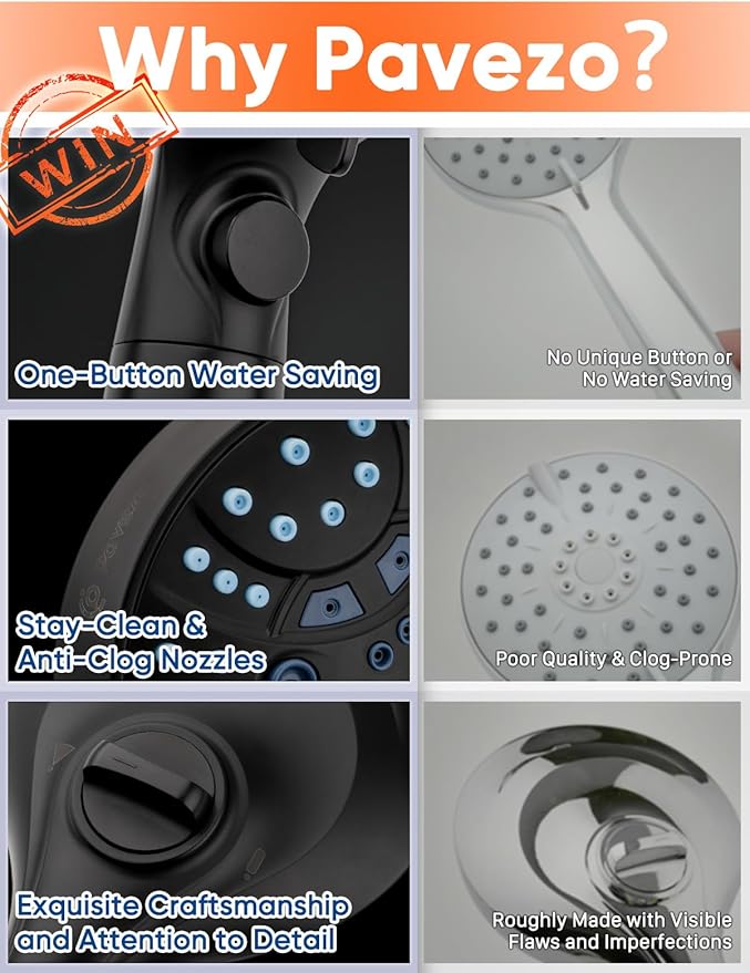 Pavezo® High Pressure Handheld Shower Head with Filter, ON/OFF Switch Pause Button, 10-mode Shower Head with Hard Water Softener Filters, SS Hose, Anti-clog & Powerful to Clean Tile & Pets, Black
