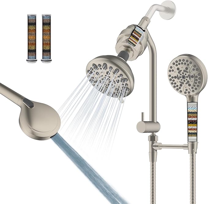 Filtered Shower Heads, All Metal Dual Shower Head Easy Reach Handheld Spary Combo, 3-Way High Pressure 70 Mode Rainfall Showerhead, 71" Hose, Shower Bracket, 20 Stage Shower Filter, Brushed Nickel