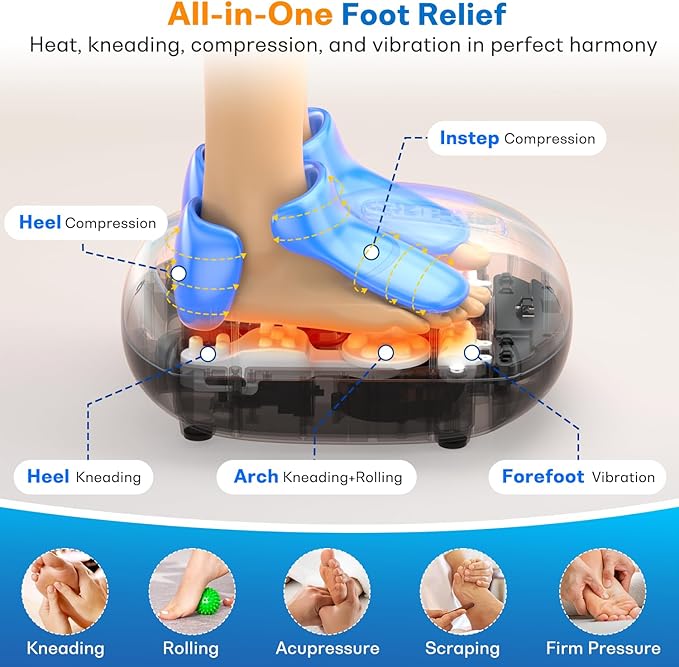 PACOVY Shiatsu Feet Massager, Foot Massager with Heat, Deep Kneading, Vibration and Air Compression for Plantar Fasciitis, 2 Heat Levels, Birthday Gifts for Women Mom Dad