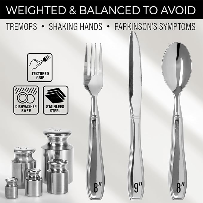 Weighted Utensils for Hand Tremors and Parkinson's Patients - 3 Piece Set Weighted Silverware for Elderly, Arthritis, Weak Hand Grip - Convenient Travel Bag, Stainless Steel, 7 Oz