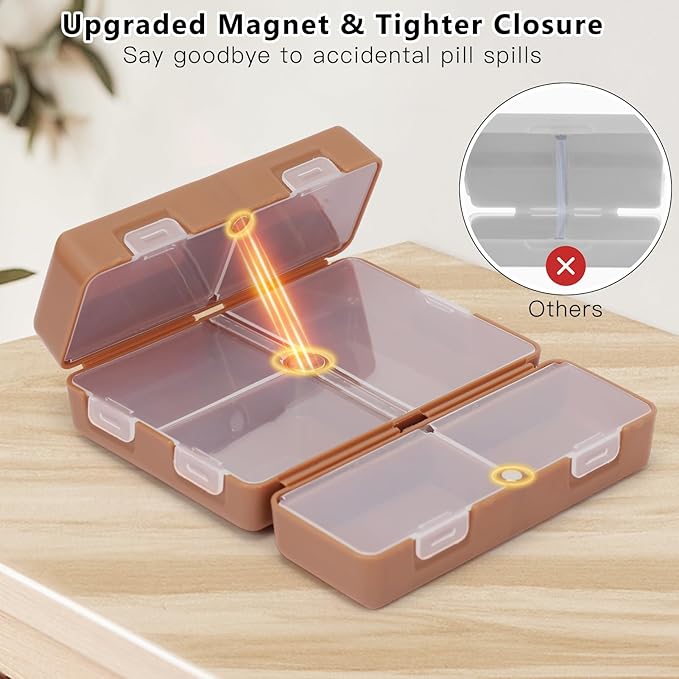 FYY Daily Pill Organizer,2 Pcs 7 Compartments Portable Pill Case Travel Pill Organizer,[Folding Design] Pill Box for Purse Pocket to Hold Vitamins,Cod Liver Oil,Supplements and Medication-Brown