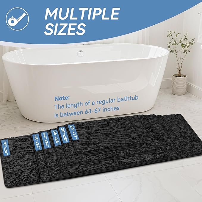 Bcoimo 24x17 Chenille Bath Mat – Non-Slip with Backing Bath Rug Ultra-Absorbent and Machine Washable Bathroom Mat Quick-Dry Design. Ideal for Bathroom Shower and Tub Areas